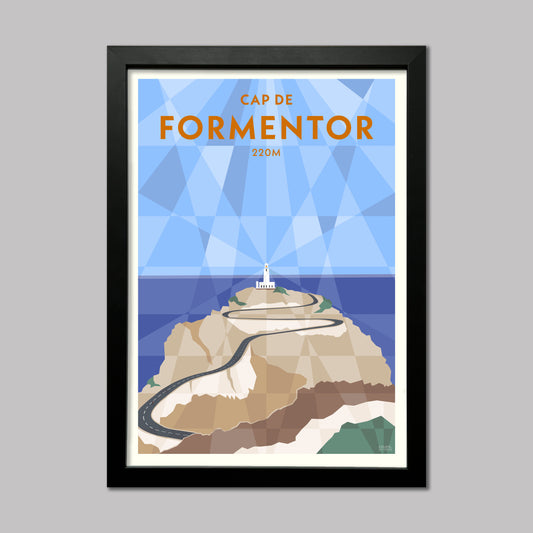 Cap de formentor cycling art print in mallorca, Spain. SHowing the lighthouse at the top of the road. Presented in a black frame.