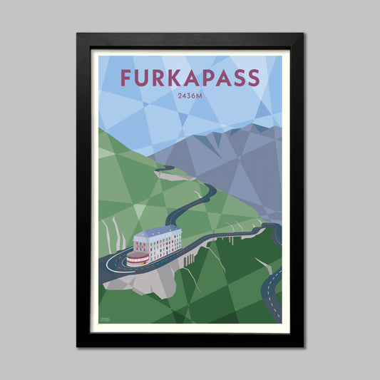 Furkapass Cycling Print of the climb found in the Swiss Alps that passes Hotel Belvedere by the Rhone Glacier. Presented in a black frame.