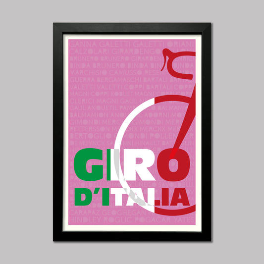Framed poster of Giro d'Italia with pink background, red bike, and colourful text in the Italian flag colours.