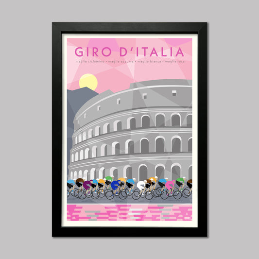 Giro d-Italia cycling print showing the peleton with the pink jersey in front of the colosseum in Rome. Presented in a black frame.