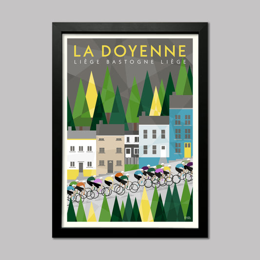 Liege Bastogne Liege (La Doyenne) Monuments Cycling Race Art Print. Poster showing the riders on the Cote de Roche climb against the backdrop of the Ardennes Forest. Presented in a black frame.