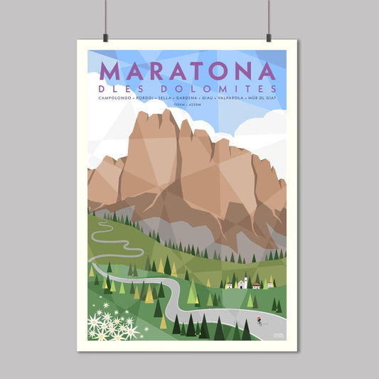Poster print of Maratona dles Dolomites with mountain and road design and a cyclist riding through the trees