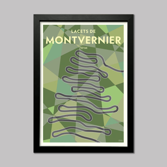 Lacets de Montvernier cycling Art Print. Image of a cyclist on the winding switchbacks of the climb in the french alps. Presented in a black frame.