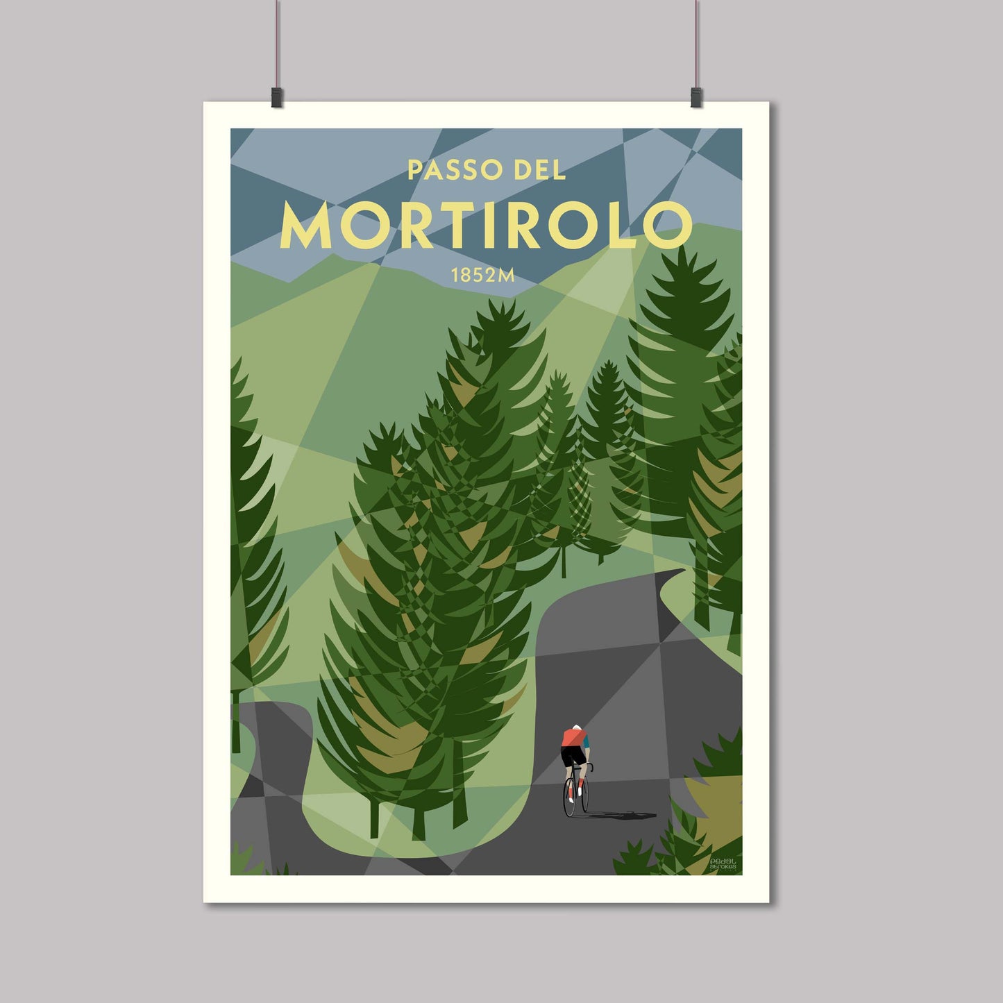 Print of a cyclist through the trees on the Mortirolo climb in the Italian Alps.