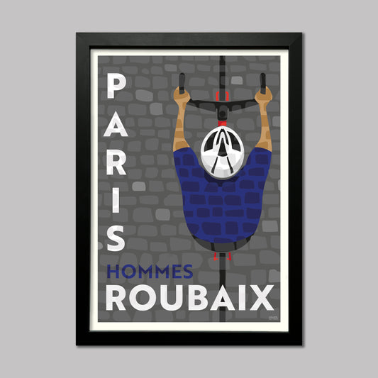 Paris Roubaix Hommes Cycling Print presented in a black frame