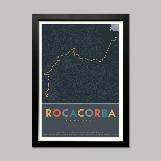 Poster of the cycle route of Rocacorba climb in Spain with contour lines and elevation details. Presented in a black frame.