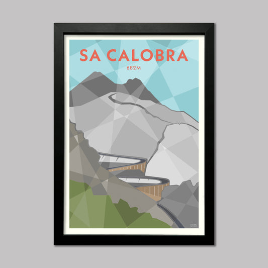 Print of a cyclist on the hairpin bends of the Sa Calobra climb in Mallorca. Presented in a black frame.
