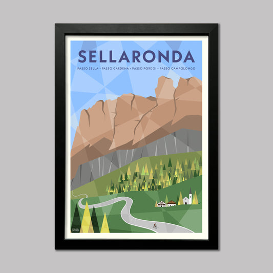 Framed poster of Sellaronda with mountains and a road and a cyclist