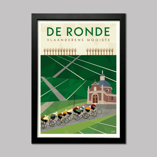 Tour of Flanders (De Ronde van Vlaanderens) Monuments Cycling Race Poster Print. Poster showing the riders on the Muur Van Geraadsbergen climb. Presented in a black frame.