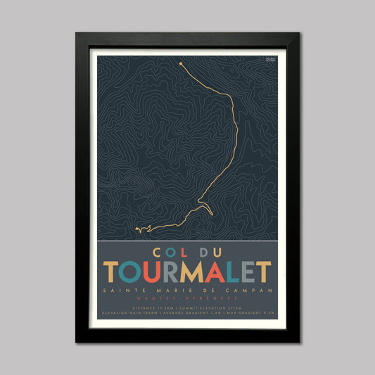 Poster of the cycle climb route from Sainte Marie de Campan to Col du Tourmalet, a high mountain pass in the Pyrenees. Drawn with contour lines and elevation details. Presented in a black frame.