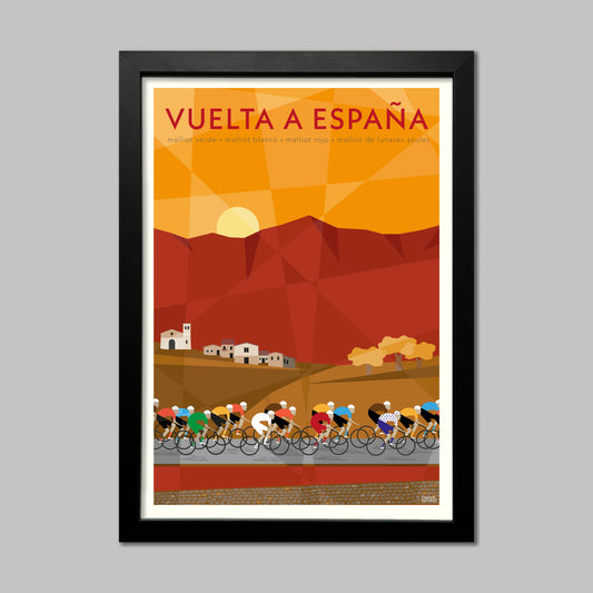Vuelta a Espana Grand Tour cycling poster print showing the peloton racing through the spanish countryside. Shown in a black frame.