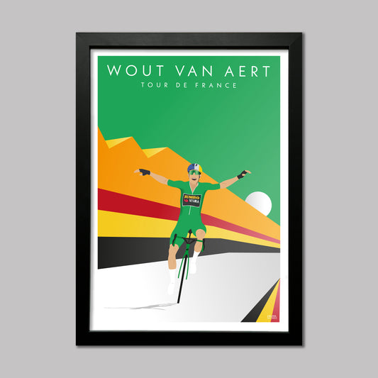 Wout Van Aert celebrating in the Green Jersey at the Tour de France. With a nod to the Belgian flag. Presented in a black frame.
