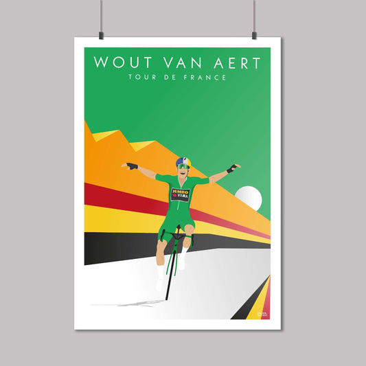 Wout Van Aert celebrating in the Green Jersey at the Tour de France. With a nod to the Belgian flag.