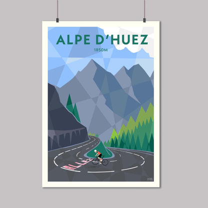 Cycling print art of a cyclist on one of the hairpin bends of the Alpe d-huez climb in the French Alps