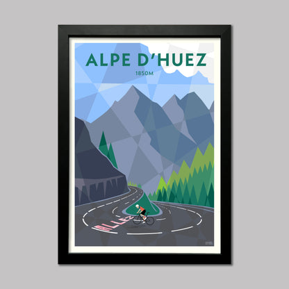 Print of a cyclist on one of the hairpin bends of the iconic climb of Alpe d-huez in the French Alps. Presented in a black frame.