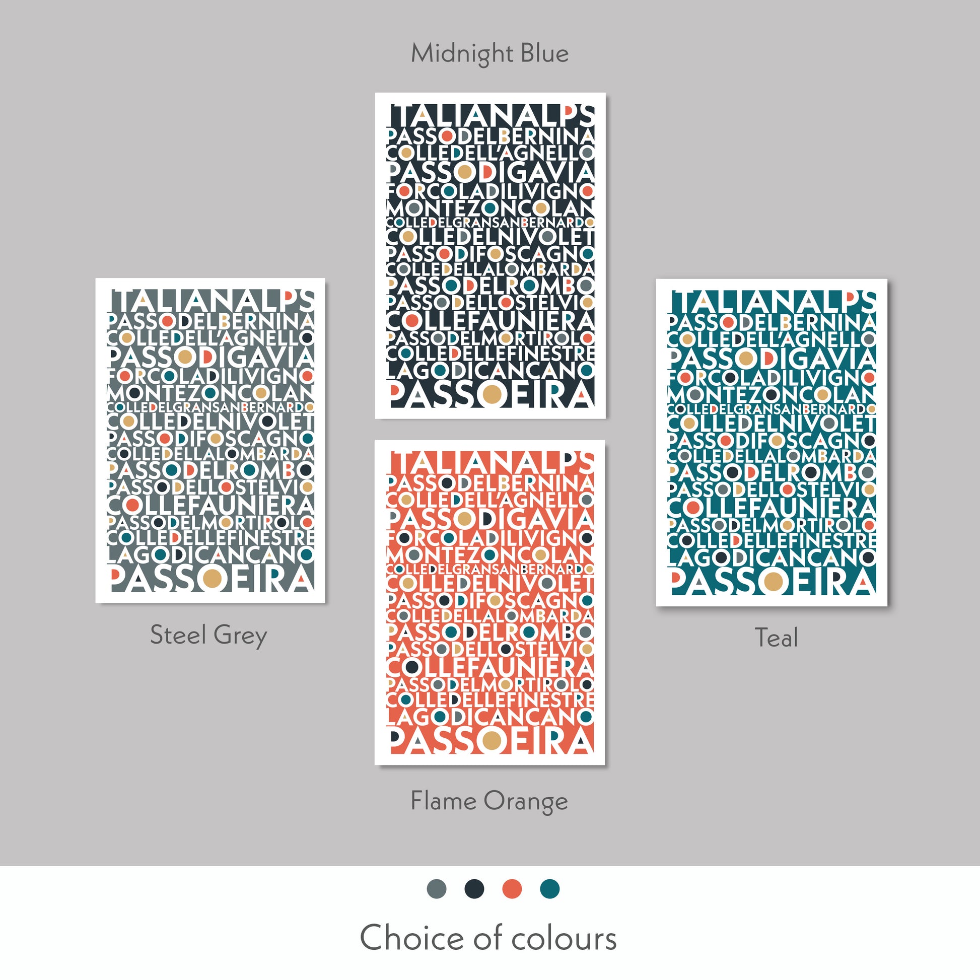Print Colour variations of the epic cycling climbs of the Italian Alps. Available in  steel grey, midnight blue, flame orange and teal colours.