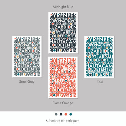 Print Colour variations of the epic cycling climbs of the Dolomites. Available in  steel grey, midnight blue, flame orange and teal colours.