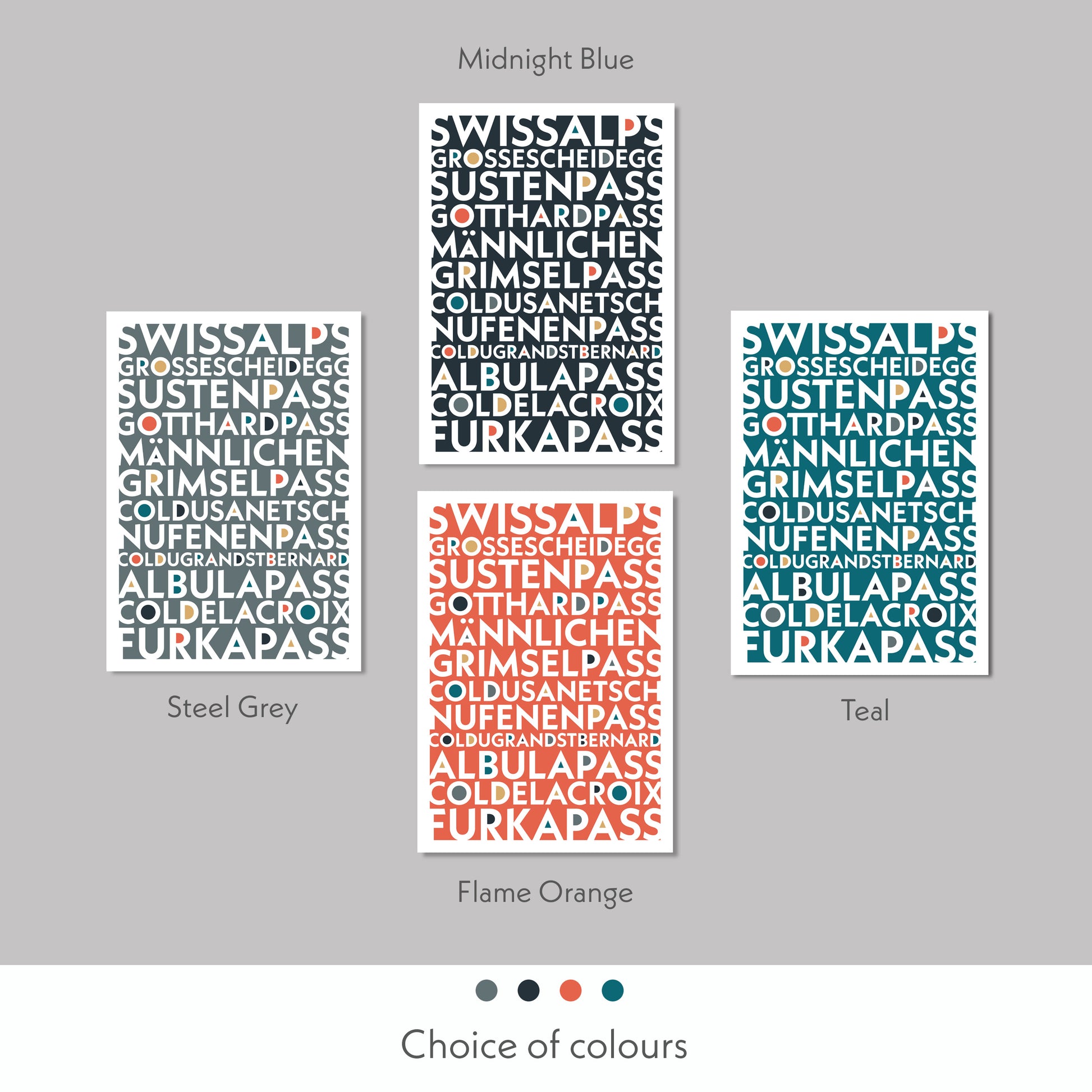 Print Colour variations of the epic cycling climbs of the Swiss Alps. Available in  steel grey, midnight blue, flame orange and teal colours.