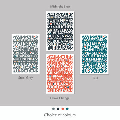 Print Colour variations of the epic cycling climbs of the Swiss Alps. Available in  steel grey, midnight blue, flame orange and teal colours.