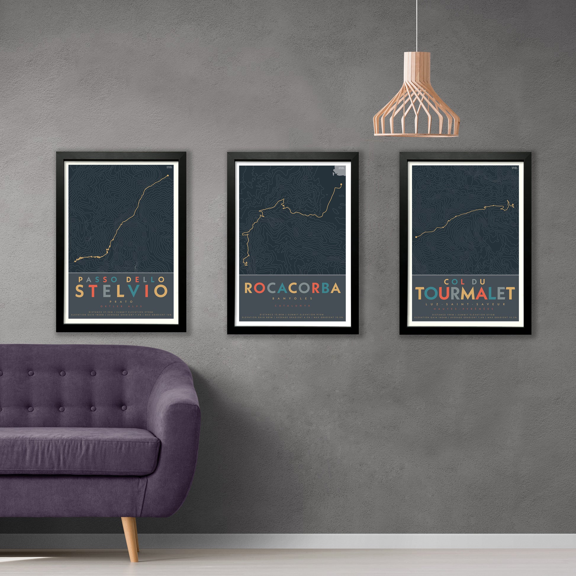 Set of three cycling route maps, showing the climbs of Stelvio, Rocacorba and Tourmalet. Presented in black frames and hanging on the wall.