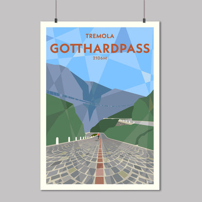 Cycling print of the cobbled Old Tremola Road or St Gotthard Pass in Switzerland