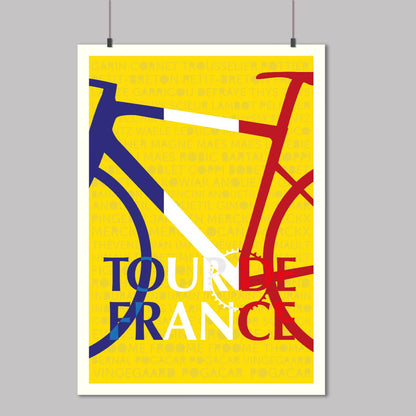 Poster of a bicycle with 'Tour de France' text on a yellow background, hanging against a gray wall.