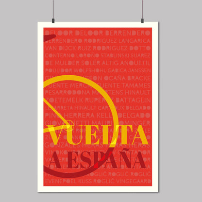 Poster with 'Vuelta a Espana' text on a red background, hanging against a gray wall.