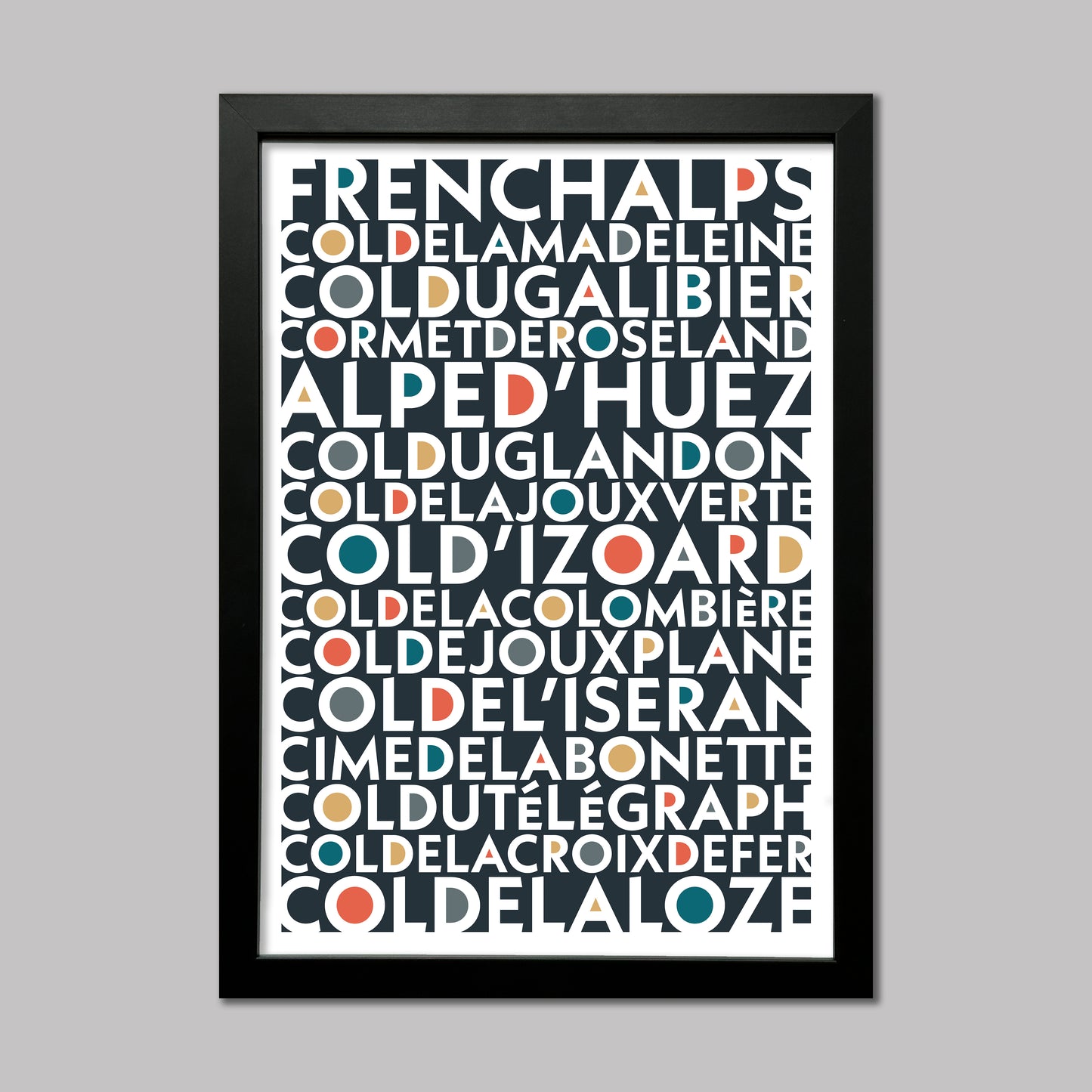 Colourful typography print of the Iconic and epic cycling climbs found in the French Alps. Available in a choice of colours. Presented in a black frame.