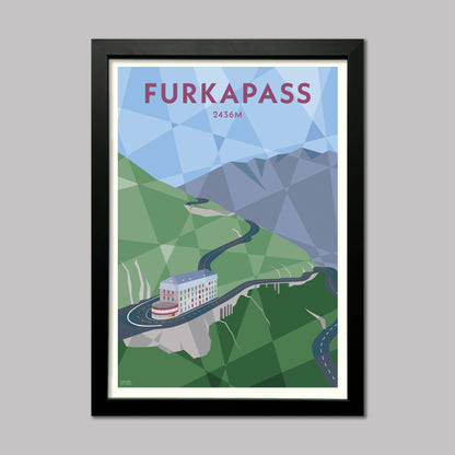 Furkapass Cycling Print of the climb found in the Swiss Alps that passes Hotel Belvedere by the Rhone Glacier. Presented in a black frame.