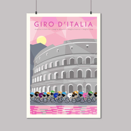 Giro d-Italia cycling print showing the peleton with the pink jersey in front of the colosseum in Rome