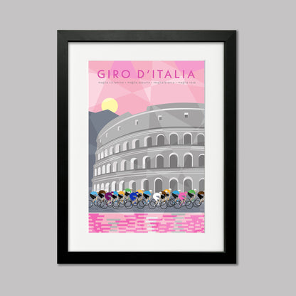Giro d-Italia cycling print showing the peleton with the pink jersey in front of the colosseum in Rome. Presented in a black frame with a window mount.