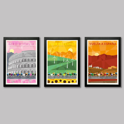 Grand Tour cycling prints set of three on the wall in a black frame. Tour de France, Giro d-Italia, Vuelta a Espana.