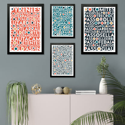 A selection of framed prints of iconic cycling climbs, displaying the colour variations available.