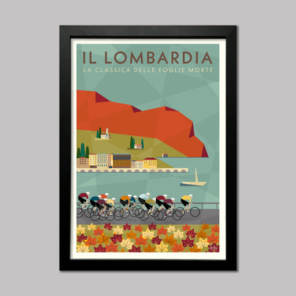 Il Lombardia Monuments Cycling Race Art Print. Poster of the riders passing the shores of Lake Como in the Autumn leaves. Presented in a black frame.