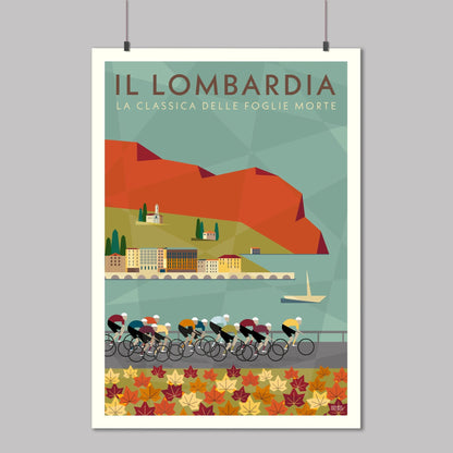 Il Lombardia Monuments Cycling Race Art Print. Poster of the riders passing the shores of Lake Como in the fallen Autumn leaves.