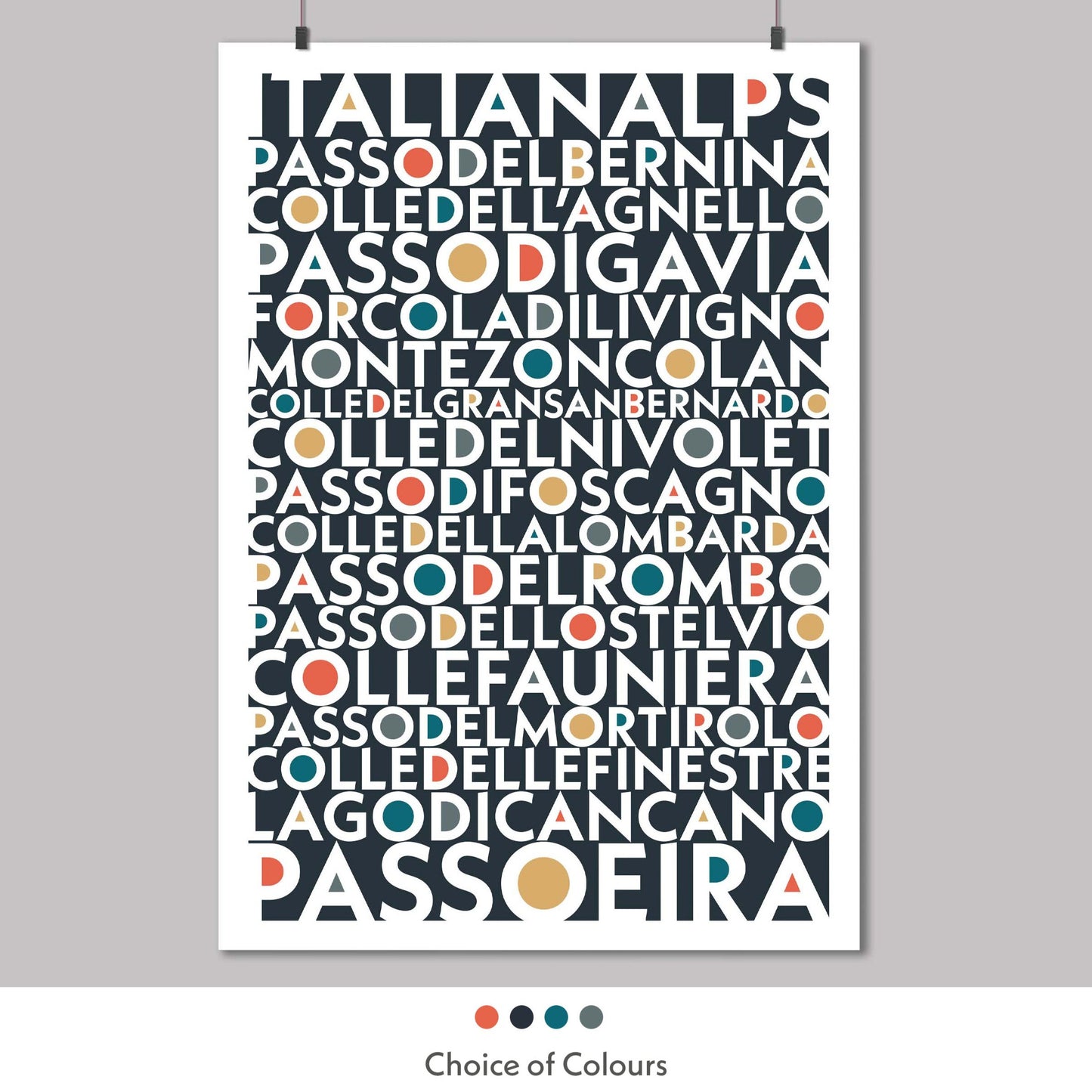 Colourful typography print of the Iconic and epic cycling climbs found in the Italian Alps. Available in a choice of colours.