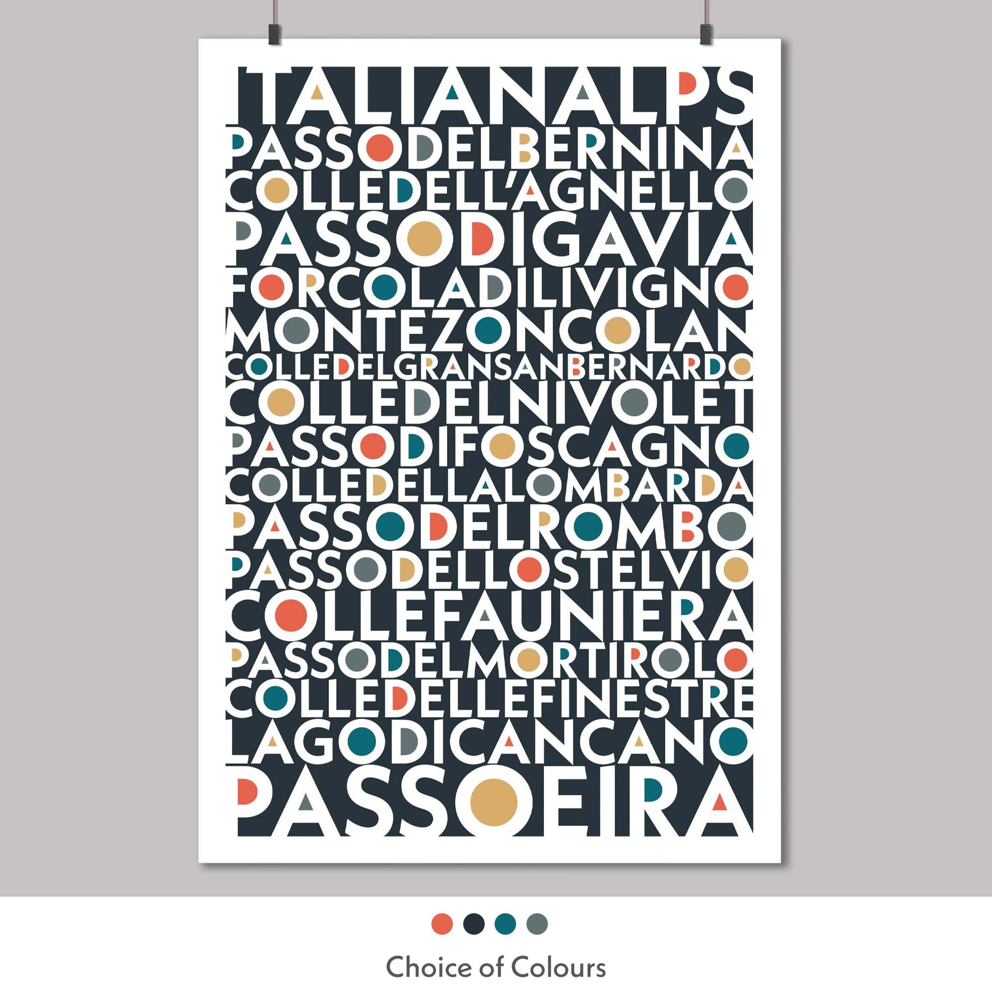 Colourful typography print of the Iconic and epic cycling climbs found in the Italian Alps. Available in a choice of colours.