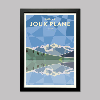 Joux Plane cycling print showing the lake and Mont Blanc in the background presented in a black frame