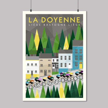 Liege Bastogne Liege (La Doyenne) Monuments Cycling Race Art Print. Poster showing the riders on the Cote de Roche climb against the backdrop of the Ardennes Forest.