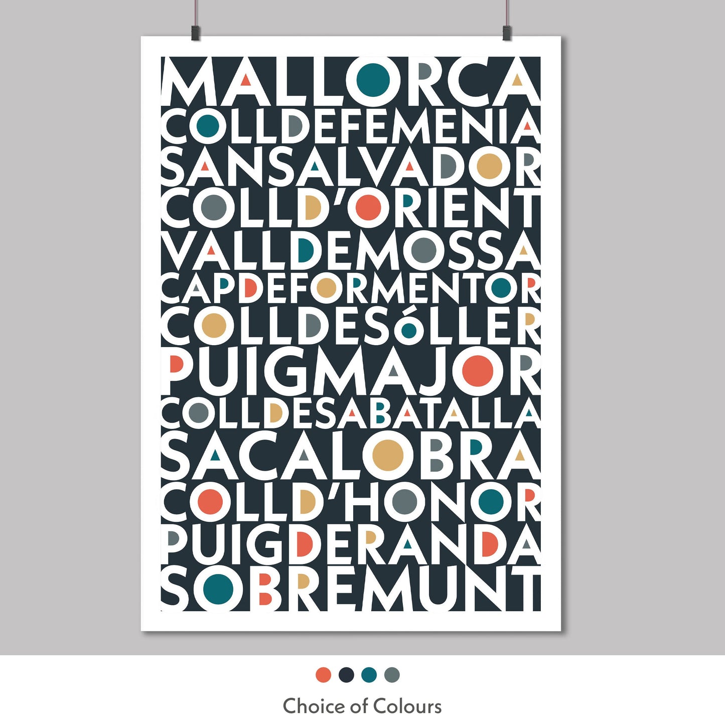 Colourful typography print of the Iconic cycling climbs found in Mallorca, Spain