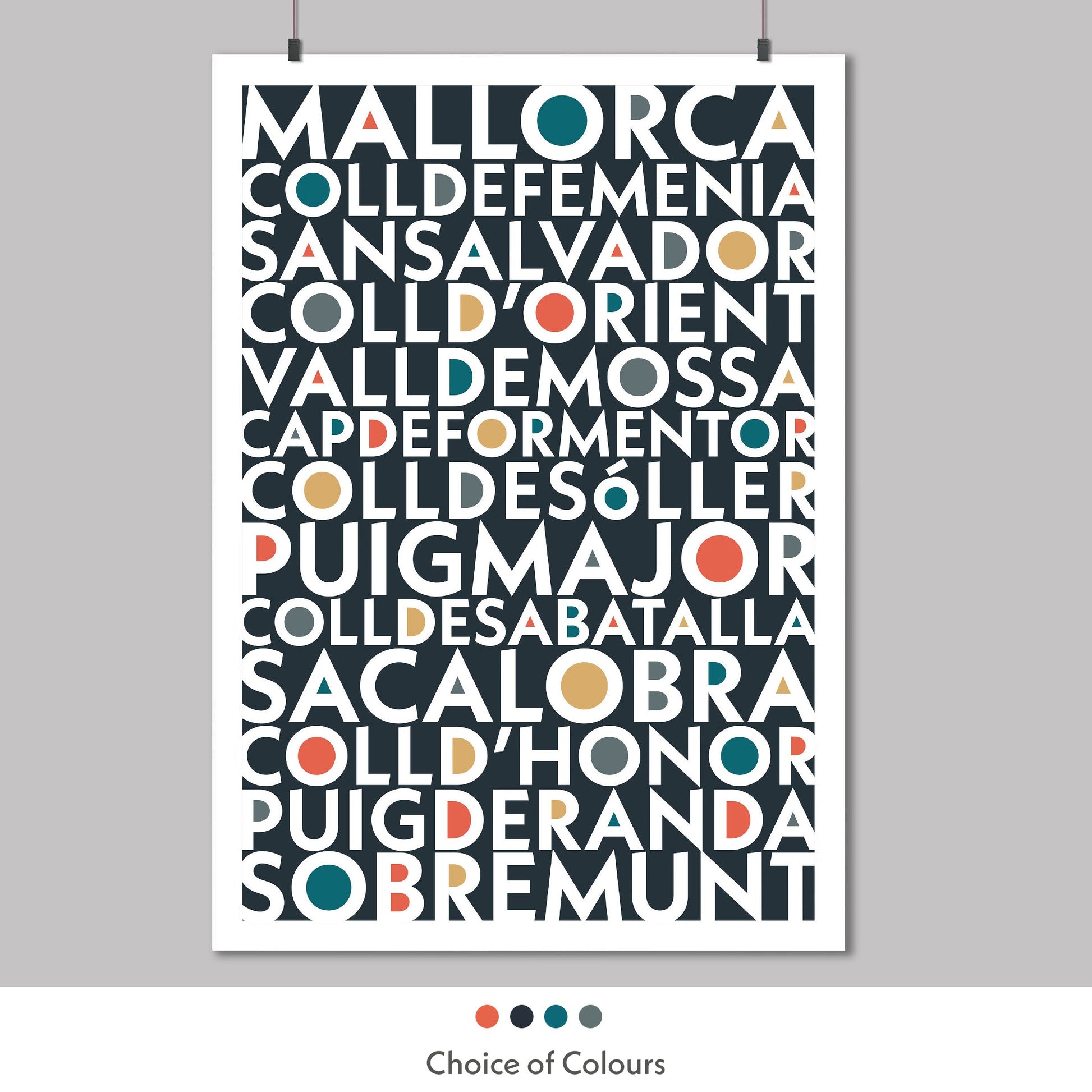 Colourful typography print of the Iconic cycling climbs found in Mallorca, Spain