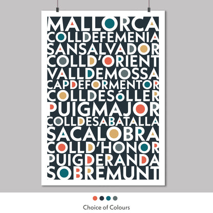 Colourful typography print of the Iconic cycling climbs found in Mallorca, Spain