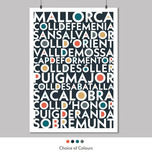 Colourful typography print of the Iconic cycling climbs found in Mallorca, Spain