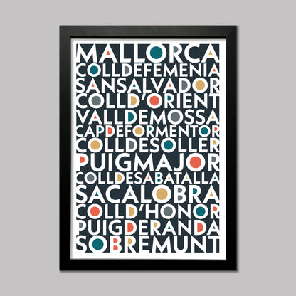 Colourful typography print of the Iconic cycling climbs found in Mallorca, Spain. Presented in a black frame.