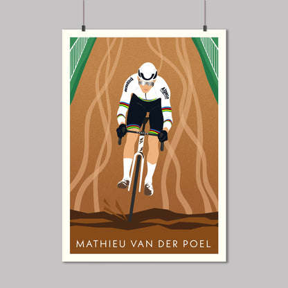 Mathieu van der Poel wearing the World Champion jersey on a muddy cyclocross race. Printed on fine art paper.