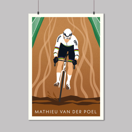 Mathieu van der Poel wearing the World Champion jersey on a muddy cyclocross race. Printed on fine art paper.