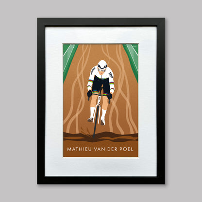 Mathieu van der Poel wearing the World Champion jersey on a muddy cyclocross race. Fine art print presented in a black frame with a white mount.