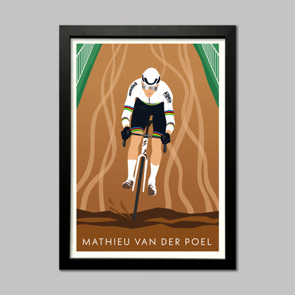 Mathieu van der Poel wearing the World Champion jersey on a muddy cyclocross race.