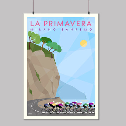 Milan Sanremo (La Primavera) Monuments Cycling Race Art Print. Poster showing the Peloton as the race along the Italian coastline.