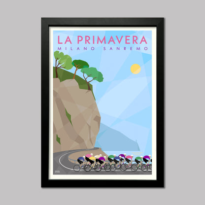 Milan Sanremo (La Primavera) Monuments Cycling Race Art Print. Poster showing the Peloton as they race along the Italian coastline. Presented in a black frame